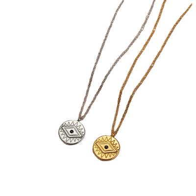 China Hot Selling Hiphop 14K Stainless Steel Minimalist Engraving Sun Greek Devil's Eye Coin Necklace Pendant for sale