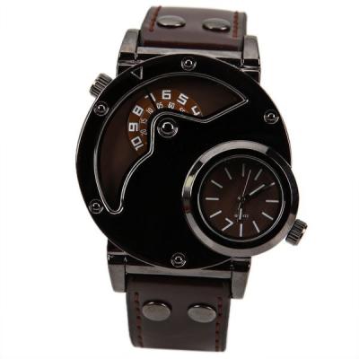 China Unique Auto Date Analog Watch Fashion Dress Quartz Waterproof Wristwatch With Double Dial Cool Design Leather Band Double Time Watches for sale