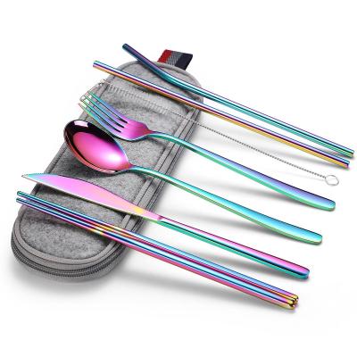 China Amazon Viable Hot Products 304 Korean Chopsticks Straw Portable Cutlery Stainless Steel Knife Fork Spoon Set 7 Piece Set for sale
