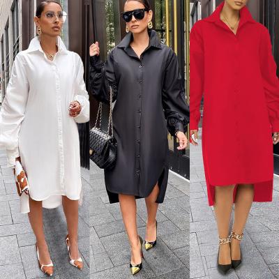 China Anti-Static Long Sleeve Pleated Button Up Shirt Women Dress Loose Fashionable Women Clothing Turn Down Collar Autumn Casual Dresses for sale