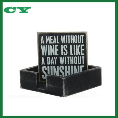China Sustainable Set of 4 Funny Sayings Wooden Box Sign Wine Coasters for sale