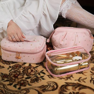 China Eco-friendly luxury travel zipper bag professional makeup beauty pouch velvet cosmetic bag closure for sale