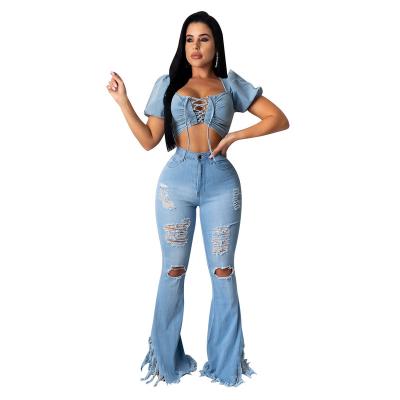 China Color Fade Proof Streetwear Flared Trousers Plus Size Horn Bell Bottom Ripped Denim Pants Women Jeans for sale
