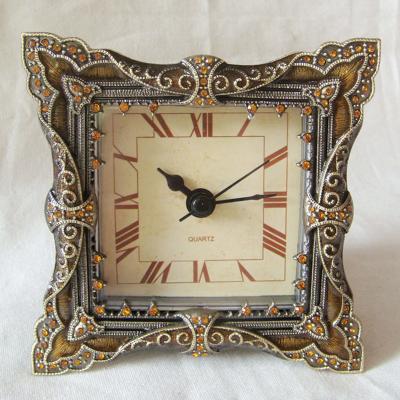 China Antique Style Amber With Gold Rhinestones Jeweled Brass Zinc Alloy Framed Desk Quartz Clock Antique Style Square for sale