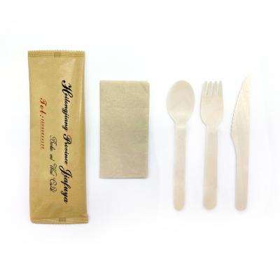 China Restaurant or Party Disposable Wooden Spoon Fork and Knife Sets Pack with Paper Wrapped Individually Wrapped Disposable Wooden Cutlery for sale