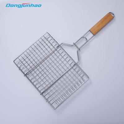 China Wholesale Easily Cleaned OEM Grilled Burger Rack Non-Stick BBQ Wire Grill Portable Rack With Wooden Handle for sale