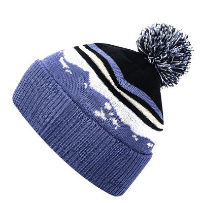China COMMON custom skullcap fall and winter embroidery knit hat domed outdoor warm fashion curved hemming hat jacquard with hair ball for sale