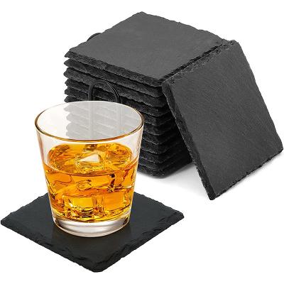 China Sustainable Wholesale Black Non-Slip Engraving Drink Slate Stone Bulk Coasters Set Round Blank Gift Box With Holder For Family gathering for sale