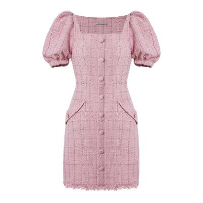 China Breathable Women's Clothing 2021 Luxury Button Decoration Rose Tweed Dress Plus Size Women's Dresses for sale