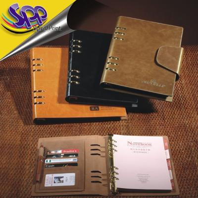 China A5 6 rings binder Hard Cover Note Pad loose-leaf notebook pu leather notebook embossed logo for sale