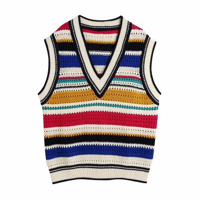 China parride stripped vest oversized girl knit fashion sleeveless cutout vest sweater autumn vintage loose chic v-neck sweater woman vest for sale