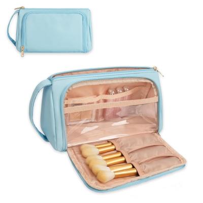 China Waterdicht make-up toiletgoed reistas Draagbaar blauw PU leer Te koop