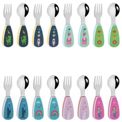 China 304 Stainless Steel Toddler Disposable 2pc Utensils Set Baby Fork And Spoon Silverware Sets For Self Feeding Flatware Kids Dinnerware Set for sale