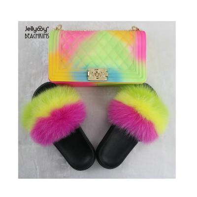 China Fashion BPF 2021 Hot Selling Wholesale Real Fur Hairy Slides With Jelly Purses Sets For Women Purse And Sandals Set for sale