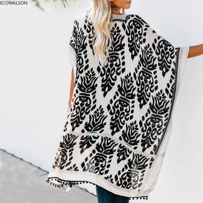 China Breathable Women Elegant Kimono Cardigan With Pom-pom Sleeve Loose Short Beach Cover Up Fashion Swimwear Cover Up For 2022 Spring Summer for sale