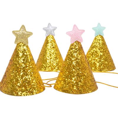 China Durable Wholesale Custom Gold Birthday Hat Glitter Gold Sprinkles Children's Birthday Party Hat Decorated With Stars for sale