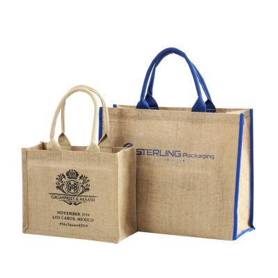 China Reusable Custom Printed Eco Jute Beach Tote Bag Handbag Eco-Friendly Material Burlap With Bamboo Handle for sale
