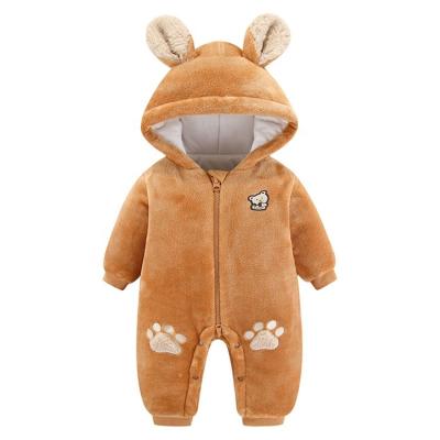 China Winter Flannel Infant Thickened Clothing Newborn Flannel Long Sleeve Romper With Zipper Baby Bear Hooded Overalls for sale