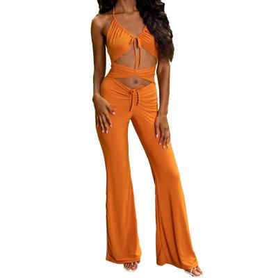 China QUICK DRY Casual Solid Orange Halter Neck Ruched Lace Up Back Cut Out Overalls Sexy Summer Overalls for sale