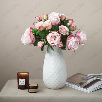 China Cheap High Quality White Silk Wedding Fee Decoration Home Decoration Real Artificial Flowers With Vase Fake English Rose for sale