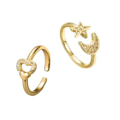 China Fashion Star and Moon Copper Gold Plated Ring with Mouth Ring Fashion Street Ring Micro-Inlaid Heart-Shaped Shooting Jewelry for sale