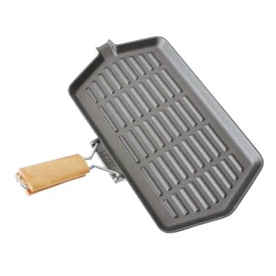 China Kitchen Restaurant Outdoor Bakery Whosale Outdoor Camping BBQ Rectangle Shape Grill Plate Pre-seasoned Skillet Cast Iron Fry Pan With Fold Handle for sale