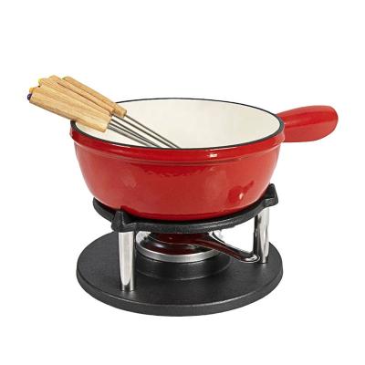 China Sustainable Hot Saling Red Fondue Set Home Kitchen Ware Enameled Cast Iron Cookware Traditional Cast Iron Cheese Melting Pot for sale
