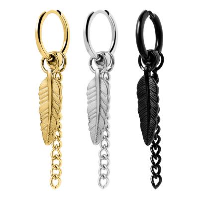 China TRENDY Stainless Steel Feather Leaves Chain Dangle Huggie Circles Black Tassel Earrings Punk Jewelry for sale