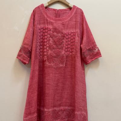 China NAYIJI 2022 Anti-static women's wear 100% female dresses long sleeve lantern dress O-neck maxi dress daily ramie embroidery for sale