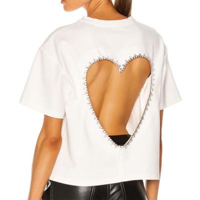 China Hollow Cotton Anti-Wrinkle T-shirt 2021 Hot Rhinestone Heart Streetwear Stitch White Top Casual Crop Shoulder Drop Top T-Shirt For Women for sale