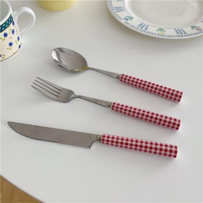 China 1 French Plaid Stainless Steel Knife Fork Spoon Ceramic Cutlery Set Western Set Home Restaurant Food Dish for sale