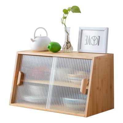 China Sustainable Wooden Bread Box For Kitchen Large Capacity Bamboo Food Storage Bin With Organic Glass Window for sale