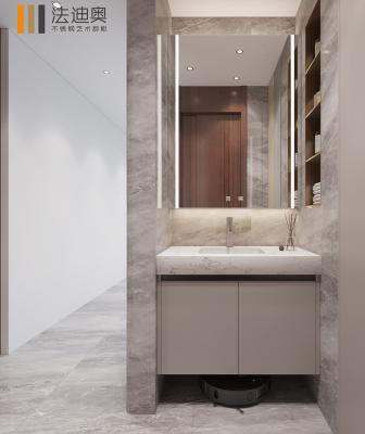 China Handleless Stainless Steel Bathroom Cabinet With LED Mirror And Rock Slab Countertop for sale