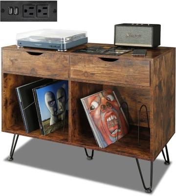 China Eco-friendly Material Rustic Mid-Century Vinyl Record Player Stand with Metal Legs Double Wide Turntable Stand Holds Up to 350 Albums for sale