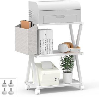 China Eco-friendly Material White Mobile Printer Stand 3 Tier Wood Shelf Metal Frame Printer Cart with Storage Bag Rolling Caster Wheel for sale