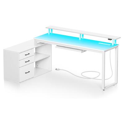 China Other L Shaped computer table modern wood office desk with bookshelf with Power Outlet & LED Lights study table and bookshelf designs for sale