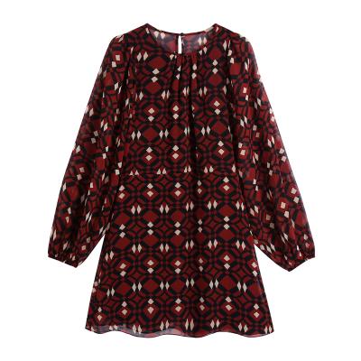 China Washable Geometric Print Crew Neck Long Sleeve Women Elegant Casual Dresses for sale