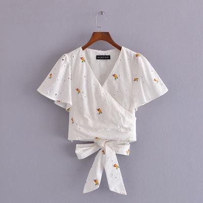 China V Neckline Breathable Short Sleeve Pattern Embroidery Floral Design Lace Up Back Women Summer Cute Blouse And Tops for sale