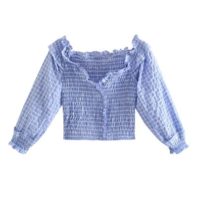 China Breathable V Neck Ruffle Long Sleeve Plaid Pattern Pleated Design Women Summer Blouse And Tops for sale