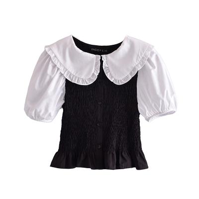 China Breathable Pleated Spliced Design Peter Pan Neck Puff Sleeve Women Summer Short Blouse And Tops for sale