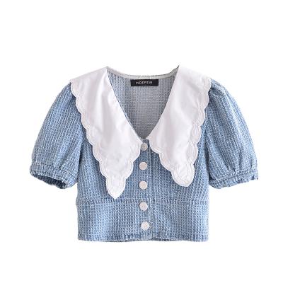 China Breathable Plaid Pattern Spliced Design Peter Pan Neck Sleeve Women Summer Denim Short Blouse And Tops for sale