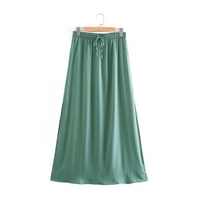 China Simple Style Green Color Breathable Drawstring Waist Women Fashion Long Casual Skirts for sale