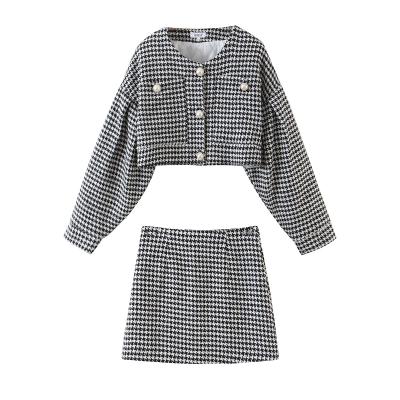 China Print Breathable Black And White Crew Neck Plaid Long Sleeve Tops Mini Dress Womens Two Piece Sets for sale