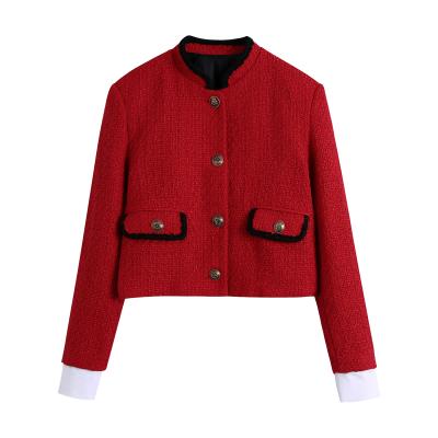 China Red Color Breathable Single Breasted Spliced Slim Fit Tweed Long Sleeve Fall Women's Jacket for sale