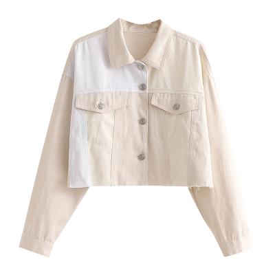 China Breathable Spliced Design Turn Down Casual Women Fashion Front Collar Pockets Drop Jacket for sale