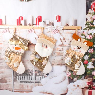 China Cute Custom Christmas Tree Pendant Santa Snowman Christmas Gift Bag Christmas Stocking Ornament Gold Sequin for sale