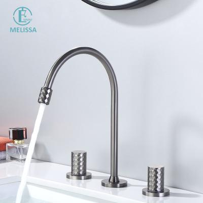 China Gray Split Type Hot And Cold Melissa Brass Bathroom Fashion Matte Cabinet Faucets Double Handle Three Holes Bathroom Sense Faucets Basin for sale