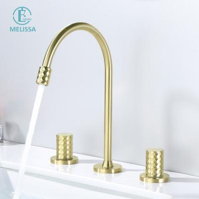 China Melissa Brass Bathroom Fashion Brushed Gold Split Cabinet Type Hot And Cold Sense Bathroom Faucets Handle Three Holes Double Basin for sale