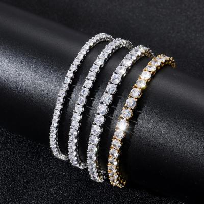 China Hiphop Men's Zircon 3mm 4mm 5mm Tennis Chain Hip Hop Bracelet Gold 6mm Brass Jewelry Brass CZ Silver Material Iced Out for sale