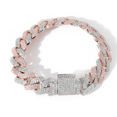 China Pink Hiphop 14mm CZ Cuban Link Chain Bracelet For Women Hip Hop Rapper Iced Out Bling Necklace RTS Jewelry Gift for sale
